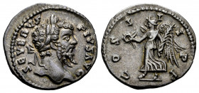 Septimius Severus. Denarius. 202 AD. Laodicea. (Ric-526). Anv.: SEVERVS PIVS AVG, laureate head of Septimius Severus to right. Rev.: COS III P P, Vict...
