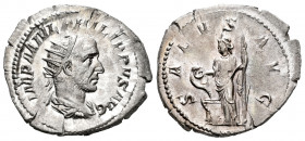 Philip I. Antoninianus. 244 AD. Rome. (Ric-47). (Rsc-205). Anv.: IMP M IVL PHILIPPVS AVG, Busto radiado, drapeado y acorazado a la derecha. Rev.: SALV...