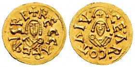 Recaredus I (586-601). Tremissis. Caesaraugusta (Zaragoza). (Cnv-120.17). (R. Pliego-72d). (Chaves-78). Anv.: +RECCAREDVSRE. Rev.: +·CE:AR:CO:TAIV·. A...