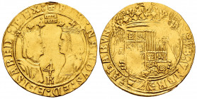 Catholic Kings (1474-1504). 4 excelentes. Segovia. K-A. (Cal-773). Au. 13,91 g. Aqueduct above the busts, value 4 and K below; Letter "A" to left of s...