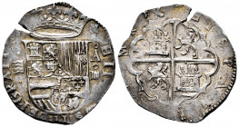 Philip II (1556-1598). 4 reales. Valladolid. A. (Cal-626). Ag. 13,61 g. 4 tatters to the left of the coat of arms. Assayer A with crossbar. Arms of Fl...