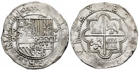 Philip II (1556-1598). 8 reales. Lima. D. (Sellschopp-128). (Cal-655). Ag. 27,42 g. Rare in this condition. Beautiful specimen. Ex Virrey Toledo Colle...