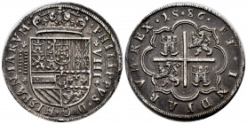 Philip II (1556-1598). 8 reales. 1586. Segovia. (Cal-685). Ag. 27,09 g. Aqueduct with 2 rows of 7 arches. Patina. Minimal rust. Rare. Almost XF. Est.....