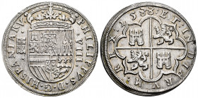 Philip II (1556-1598). 8 reales. 1588. Segovia. (Cal-708). Ag. 27,18 g. Aqueduct with two rows of three arches. HISPANIARV in legend. Both 8 of the da...
