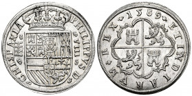 Philip II (1556-1598). 8 reales. 1589. Segovia. (Cal-710). Ag. 27,26 g. Aqueduct with two rows of three arches. Shield divides the legend on obverse. ...
