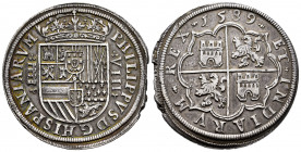 Philip II (1556-1598). 8 reales. 1589. Segovia. (Cal-713). Ag. 27,34 g. Aqueduct with one row of three arches. End of planchet. Beautiful patina. Rare...
