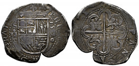 Philip II (1556-1598). 8 reales. 1590. Sevilla. (Cal-728). Ag. 27,39 g. Vertical date to the right of shield. Old cabinet tone. Very scarce. Choice VF...