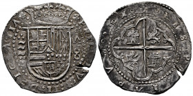Philip II (1556-1598). 8 reales. Valladolid. A. (Cal-763). Ag. 27,20 g. Value mark 8. Arms from Flandes and Tirol exchanged. Lovely struck. Old cabine...