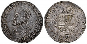 Philip II (1556-1598). 1 escudo felipe. 1558. Maastricht. (Tauler-1154). (Vti-1172). (Vanhoudt-253.MA). Ag. 34,02 g. Old cabinet tone. Light stress ma...