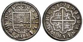 Philip III (1598-1621). 2 reales. 1621/08. Segovia. A/C. (Cal-652). Ag. 5,82 g. Old cabinet tone. Overdate. Rectified assayer mark. Scarce. Almost XF....