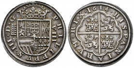 Philip III (1598-1621). 8 reales. 1614. Segovia. AR. (Cal-946). Ag. 27,43 g. Aqueduct with two rows of ive arches. Old cabinet tone. Very rare. XF. Es...