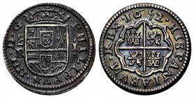 Philip IV (1621-1665). 1 real. 1652/1. Segovia. BR/I. (Cal-794, plate coin). Ag. 3,51 g. Dot between HISPANIARVM and REX. Wonderful old cabinet patina...