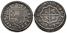 Philip IV (1621-1665). 2 reales. 1628. Segovia. P. (Cal-957). Ag. 5,64 g. End of planchet. Scarce. Choice VF. Est...250,00. 

Spanish description: F...