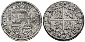 Philip IV (1621-1665). 8 reales. 1632. Segovia. R. (Cal-1601). Ag. 27,55 g. 8 to the right, large horizontal aqueduct and R to the left . Aqueduct wit...