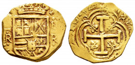 Philip IV (1621-1665). 2 escudos. 1644. Santa Fe de Nuevo Reino. R. (Cal-1802). (Tauler-151). Au. 6,69 g. Value and assayer on the left, mintmark on t...
