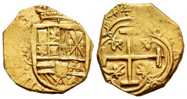 Philip IV (1621-1665). 2 escudos. 1654. Santa Fe de Nuevo Reino. R. (Cal-1811). (Tauler-161). Au. 6,72 g. Value and assayer on the left, mintmark on t...