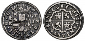 Charles II (1665-1700). 1 real. 1683/2. Segovia. BR. (Cal-304). Ag. 2,83 g. With escutcheon of Portugal. Rare. VF. Est...200,00. 

Spanish descripti...