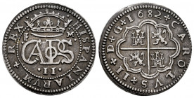 Charles II (1665-1700). 2 reales. 1682. Segovia. M. (Cal-442). Ag. 6,20 g. Attractive tone. Scarce. Almost XF. Est...300,00. 

Spanish description: ...