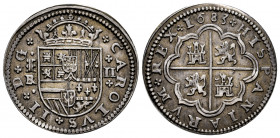 Charles II (1665-1700). 2 reales. 1683. Segovia. BR. (Cal-443). Ag. 6,40 g. Attractive tone. Rare. Choice VF. Est...350,00. 

Spanish description: C...
