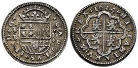Charles II (1665-1700). 2 reales. 1684. Segovia. BR. (Cal-444). Ag. 6,27 g. Legend HISPANIARUM. Attractive tone. Rare. XF. Est...350,00. 

Spanish d...