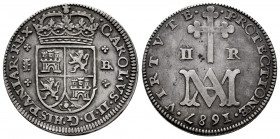 Charles II (1665-1700). 2 reales. 1687. Segovia. BR. (Cal-449). Ag. 5,47 g. "Maria" type. Minor scratch on obverse. Old cabinet tone. A good sample. R...