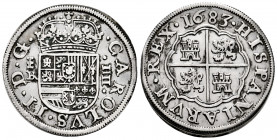 Charles II (1665-1700). 4 reales. 1683. Segovia. BR. (Cal-559). Ag. 13,03 g. Aqueduct with two arches. Minor deposits. Delicate cleaning. Rare. Choice...