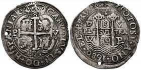 Charles II (1665-1700). 8 reales. 1680. Potosí. V. (Cal-676). (Lazaro-201). Ag. 26,58 g. Royal type. Value 8 in the cross of obverse. Exceptionally br...
