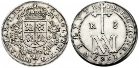 Charles II (1665-1700). 8 reales. 1687. Segovia. BR (Bernardo Pedrera). (Cal-774). Ag. 22,21 g. "Maria" type. Magnificent piece. Of the highest rarity...