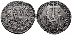 Charles II (1665-1700). 8 reales. 1700. Sevilla. M. (Cal-802). Ag. 21,65 g. "Maria" type. S-M on obverse. Legend HISPANI. Beautiful old cabinet tone. ...