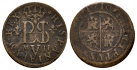 Philip V (1700-1746). 2 maravedis. 1710. Madrid. (Cal-71). (Jarabo-Sanahuja-O-02). Ae. 2,61 g. Extremely rare. Almost VF/Choice F. Est...500,00. 

S...