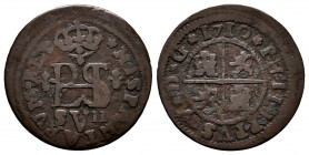 Philip V (1700-1746). 2 maravedis. 1710. Sevilla. (Cal-76). (Jarabo-Sanahuja-O-05). Ae. 2,32 g. Very rare. Choice F. Est...250,00. 

Spanish descrip...