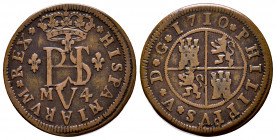 Philip V (1700-1746). 4 maravedis. 1710. Madrid. (Cal-85). (Jarabo-Sanahuja-O-01). Ae. 3,56 g. Non adopted trial. Very rare. VF. Est...600,00. 

Spa...