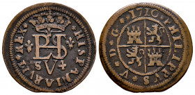 Philip V (1700-1746). 4 maravedis. 1710. Sevilla. (Cal-97). (Jarabo-Sanahuja-O-04, plate coin). Ae. 4,87 g. Two flowers at the end of the reverse lege...