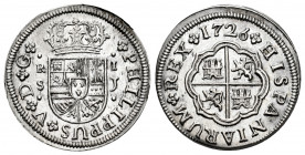 Philip V (1700-1746). 1 real. 1726. Sevilla. J. (Cal-649). Ag. 3,00 g. Scarce in this grade. AU. Est...200,00. 

Spanish description: Felipe V (1700...
