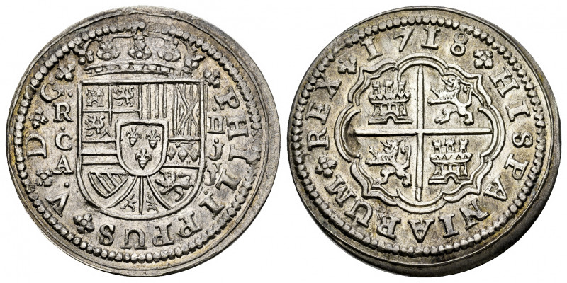 Philip V (1700-1746). 2 reales. 1718. Cuenca. JJ. (Cal-670). Ag. 5,82 g. Small p...