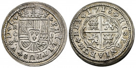 Philip V (1700-1746). 2 reales. 1718. Cuenca. JJ. (Cal-670). Ag. 5,82 g. Small planchet defects. Very attractive. Scarce in this grade. AU. Est...200,...