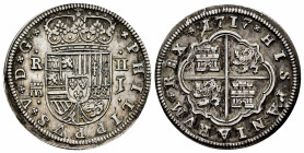 Philip V (1700-1746). 2 reales. 1717. Segovia. (Cal-1387). Ag. 6,19 g. Aqueduct with two arches. Ex Tauler&Fau 24/09/2019, lote 1270. Almost XF. Est.....