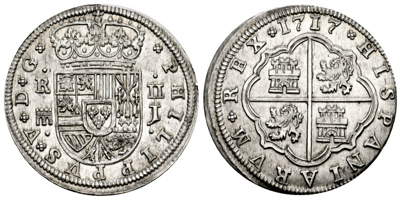 Philip V (1700-1746). 2 reales. 1717. Segovia. J. (Cal-944). Ag. 5,40 g. Aqueduc...