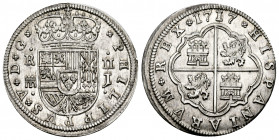 Philip V (1700-1746). 2 reales. 1717. Segovia. J. (Cal-944). Ag. 5,40 g. Aqueduct with two arches. Superb specimen with plenty luster and fine style. ...