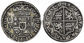 Philip V (1700-1746). 2 reales. 1718. Segovia. J. (Cal-945). Ag. 5,58 g. Aqueduct with two arches. A good sample. Toned. Very scarce in this grade. AU...