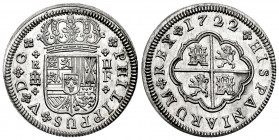 Philip V (1700-1746). 2 reales. 1722. Segovia. F. (Cal-956). Ag. 5,84 g. Superb specimen with plenty luster and fine style. Extremely rare in this con...