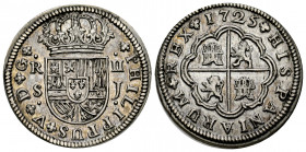 Philip V (1700-1746). 2 reales. 1725. Sevilla. J. (Cal-983, plate coin). Ag. 5,33 g. Attractive. Rare inthis condition. Ex Aureo Seleccion 2018, lote ...
