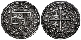 Philip V (1700-1746). 8 reales. 1711. Madrid. J. (Cal-1338). Ag. 26,24 g. Striking defect on edge. Gorgeous colour. Large flan. Very rare, even more i...