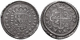 Philip V (1700-1746). 8 reales. 1706. Sevilla. P. (Cal-1608). Ag. 26,45 g. Value on the left. Planchet flaw on reverse. A very good sample of this typ...