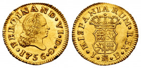 Ferdinand VI (1746-1759). 1/2 escudo. 1756. Madrid. JB. (Cal-559). Au. 1,75 g. Minor scratches on obverse. Original luster. Almost MS. Est...300,00. ...