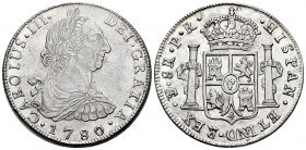 Charles III (1759-1788). 8 reales. 1780. Potosí. PR. (Cal-1178). Ag. 27,00 g. It retains some luster. Attractive. Scarce in this grade. XF. Est...600,...