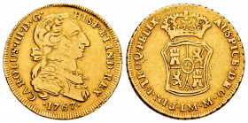 Charles III (1759-1788). 2 escudos. 1767. Lima. JM. (Cal-1517). (Cy-12409). Au. 6,68 g. "Rat nose" first type. A few specimens known. Extremely rare. ...