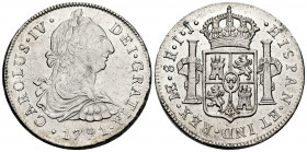 Charles IV (1788-1808). 8 reales. 1791. Lima. IJ. (Cal-905). Ag. 26,97 g. Bust of Charles III and Ordinal IV. Original luster. XF/AU. Est...600,00. 
...