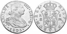 Charles IV (1788-1808). 8 reales. 1805. Madrid. FA. (Cal-943). Ag. 26,87 g. Ex Cayón 15/12/2000, lot 954. XF. Est...500,00. 

Spanish description: C...