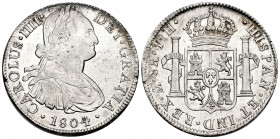 Charles IV (1788-1808). 8 reales. 1804. Mexico. TH. (Cal-980). Ag. 27,00 g. Plenty luster. Purchased in Afinsa, April 1994. Almost MS/Mint state. Est....